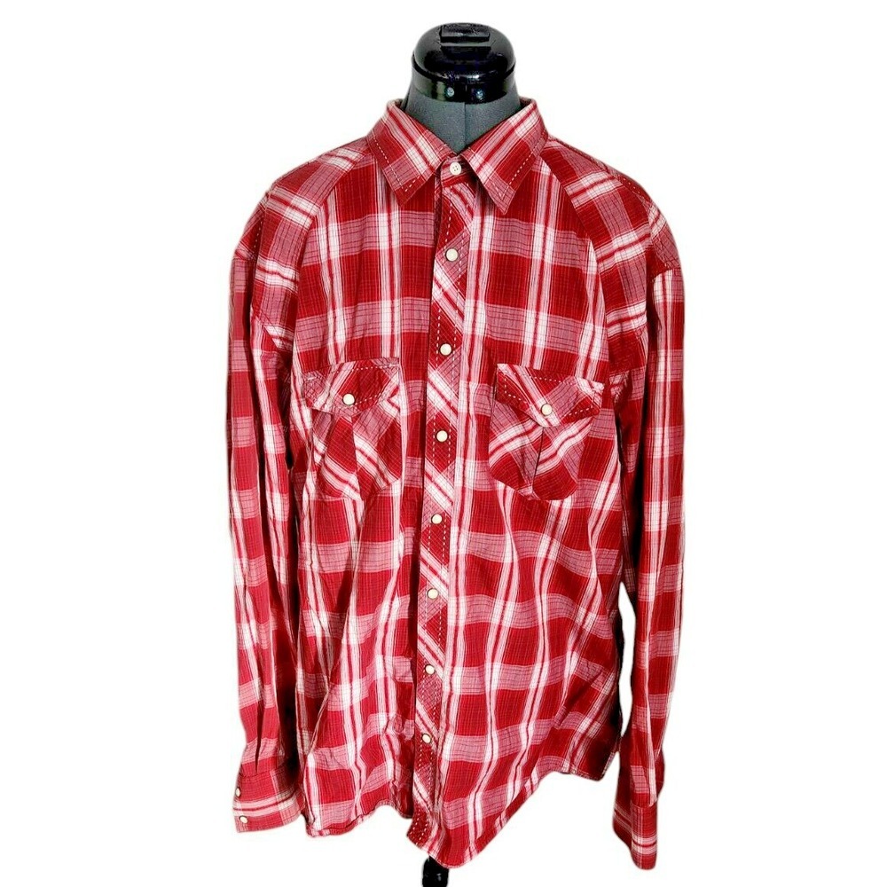 Rock & Roll‎ Cowboy Mens Red White Plaid Western Snap Front Shirt XL